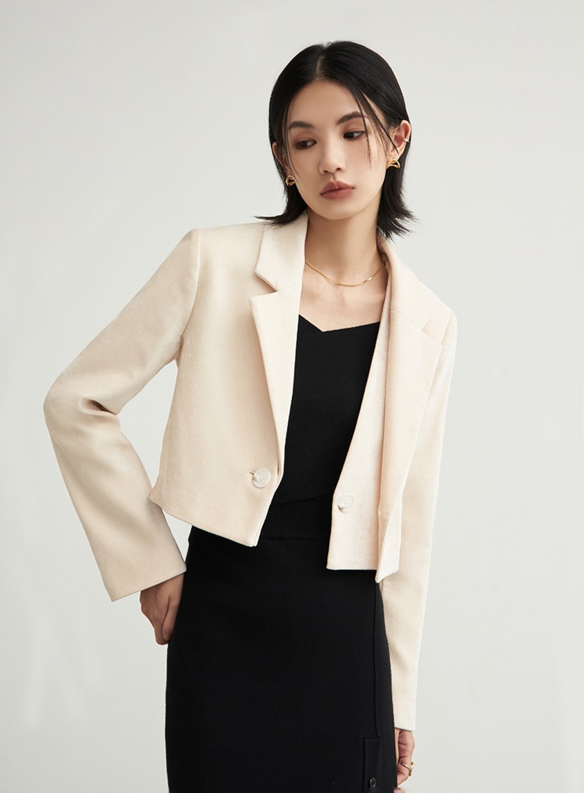 可拆領絨面短版西裝外套